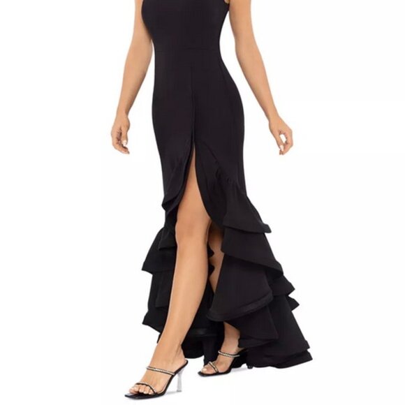 Betsy & Adam Black Ruffle Halter Crepe Gown - Picture 6 of 6